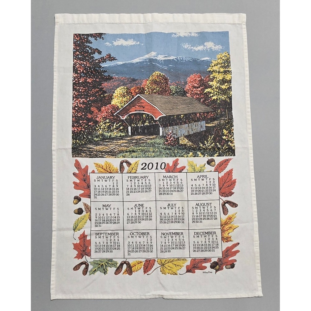 Kay Dee 2010 Calendar Tea Towel Autumn Covered Bridge Scenic Linen Blend 24x17